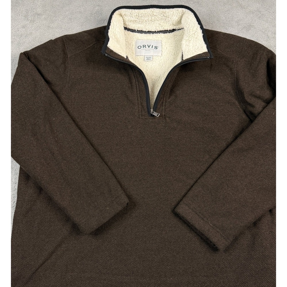 Orvis Mens XXL Brown Quarter Zip Sherpa Lined Collar Textured Fleece Pullover